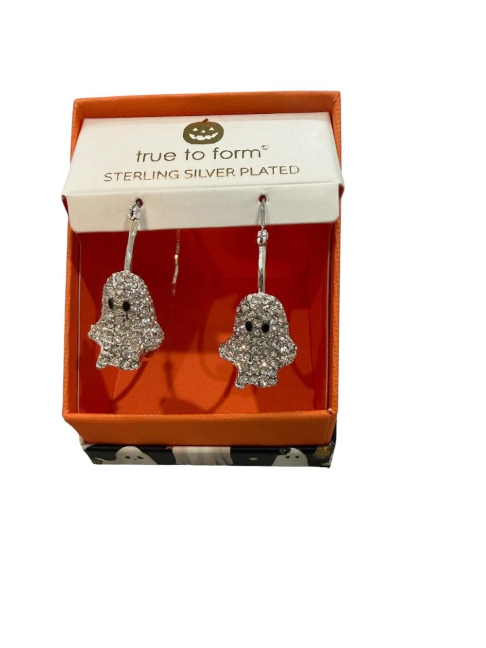 True To Form Silver Ghost Hoops Cubic Zirconia CZ Earrings Rhinestone Halloween